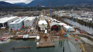 Drone photo of bulbous bow in front of JSS1