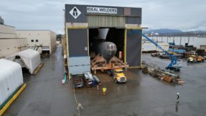 Bulbous bow exiting shop at Ideal Welders