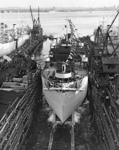 Historical image of a ship launch in North Vancouver