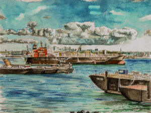 Scenic painting with tugboats