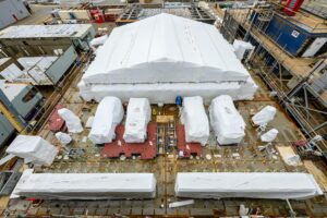 overhead view of JSS2 engines, covered by tarps