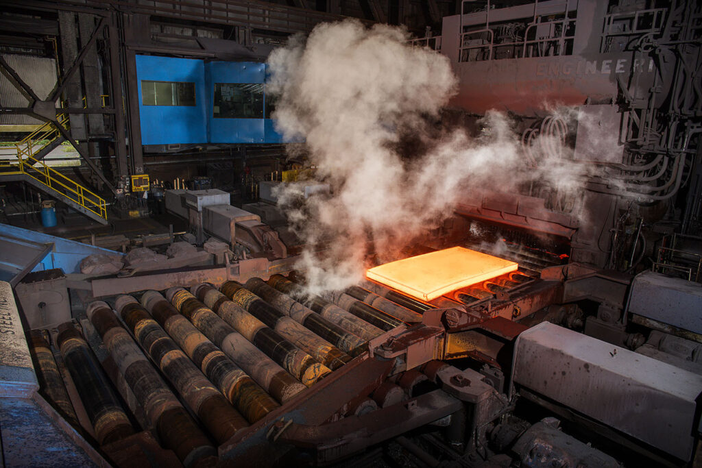 Hot steel being formed