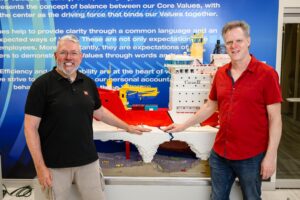 Lego builders Paul and Robin stand in front of the Polar Icebreaker model