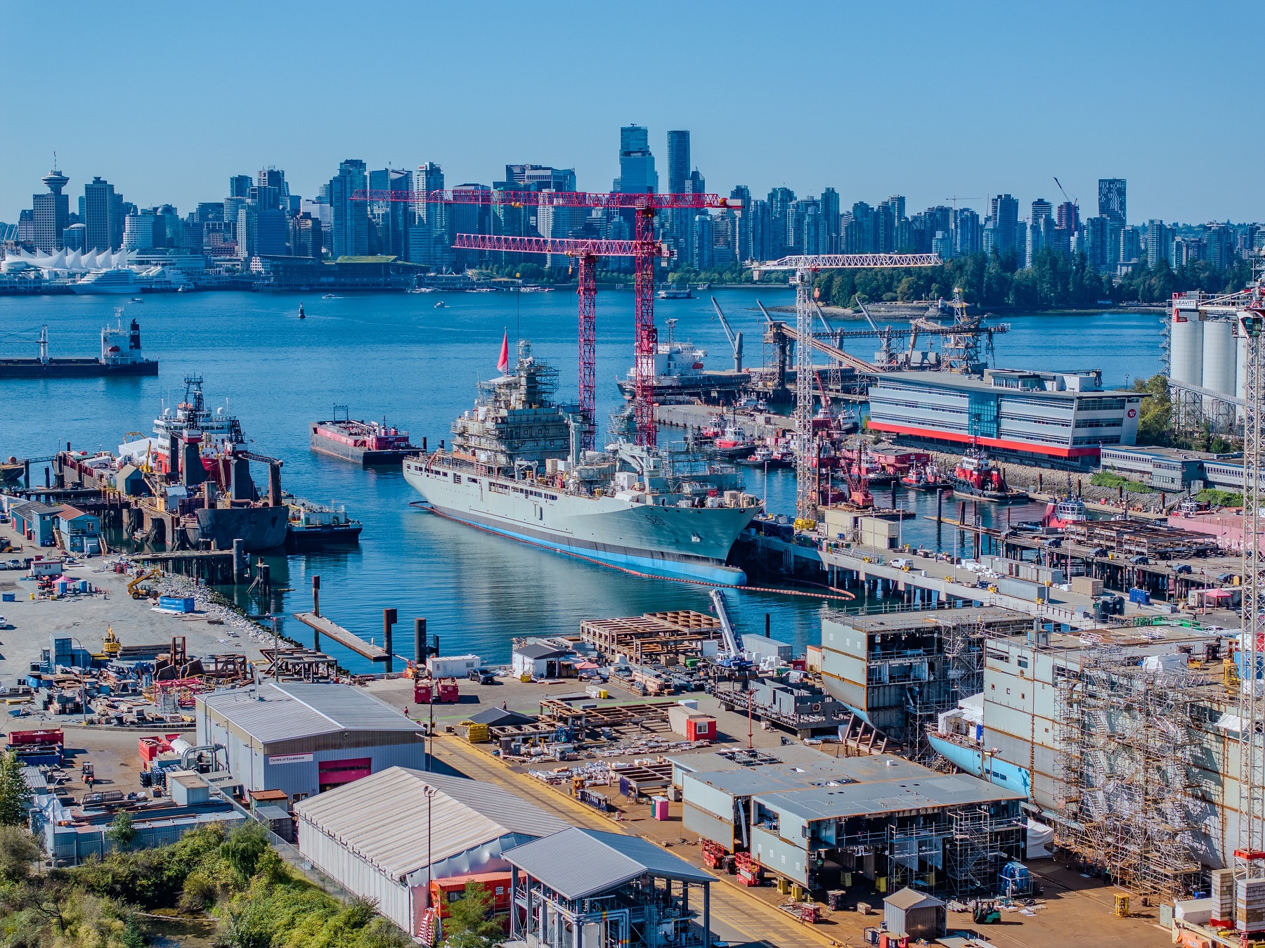 Drone view of vancouver shipyards looking south