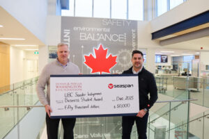 Derek Ollman presents Dennis Thomas-Whonoak from Tsleil-Waututh Nation with a cheque on behalf of Seaspan and the Dennis and Phyllis Washington Foundation for the UBC Sauder Indigenous Business Student Award. Photos taken at Vancouver Shipyards 